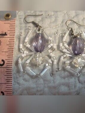 Handmade White and Light Grey Bead Spider Dangle Earrings